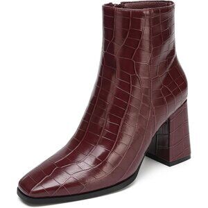 Women's Burgundy Pointed Toe Ankle Boots Chunky Block Heel Sock Booties